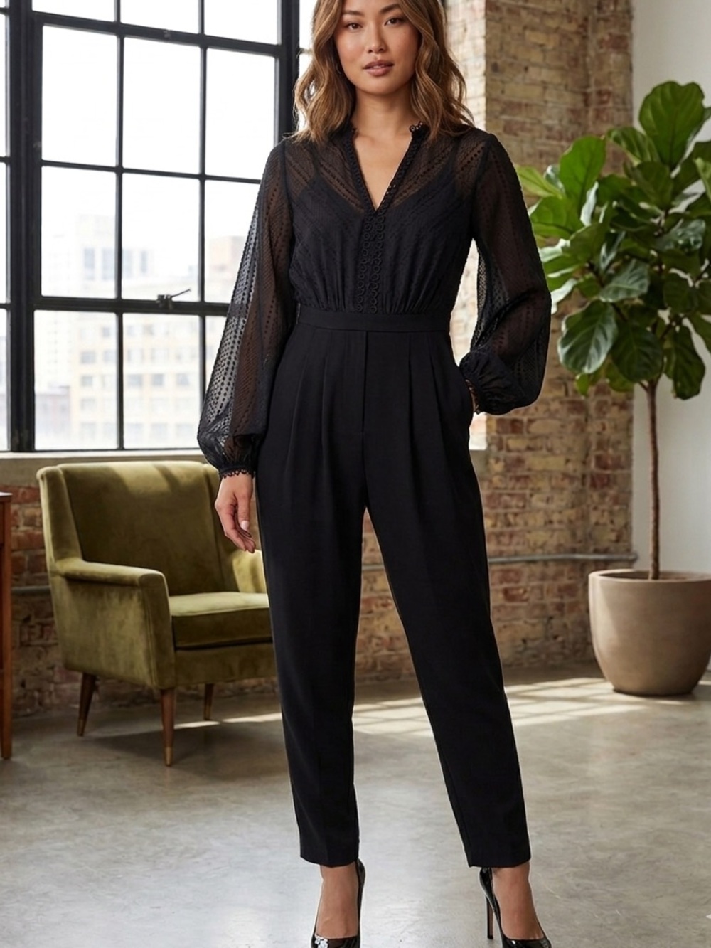 THREE FLOOR Black Empire Lace Mesh Long Sleeve Jumpsuit Size 4
